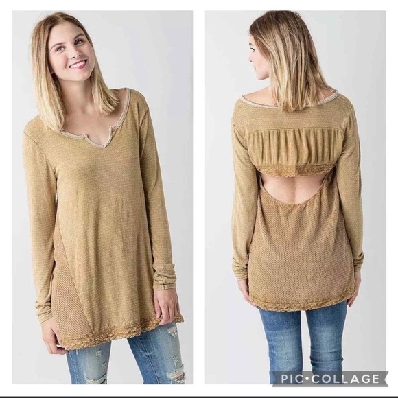 Gimmicks by BKE Brown Multi Media Textured Lace Mesh Cut Out Back Tunic - Picture 1 of 7